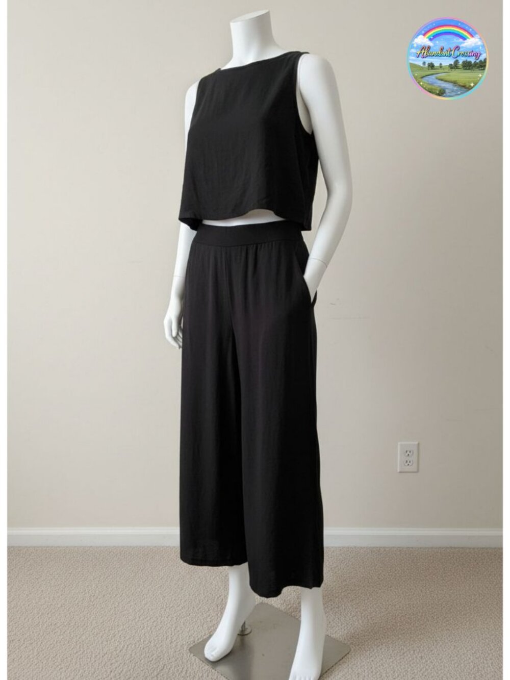 2 Piece Linen Set Sleeveless Crop Top Wide Leg Cropped Pants Summer Outfit